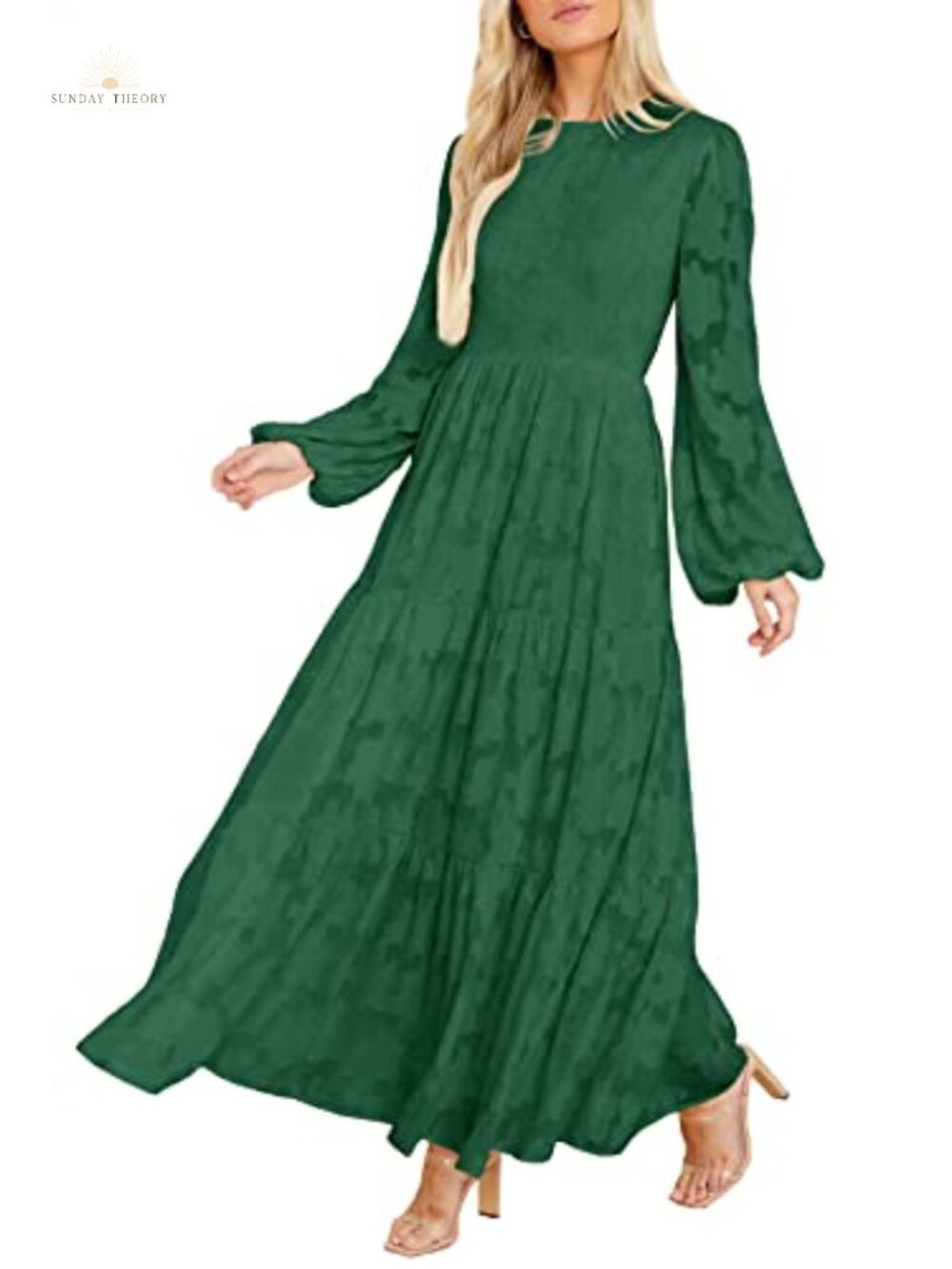 MITILLY Long Sleeve Maxi Dress Crew Neck Smocked A-Line Ruffle Hem Modest Formal